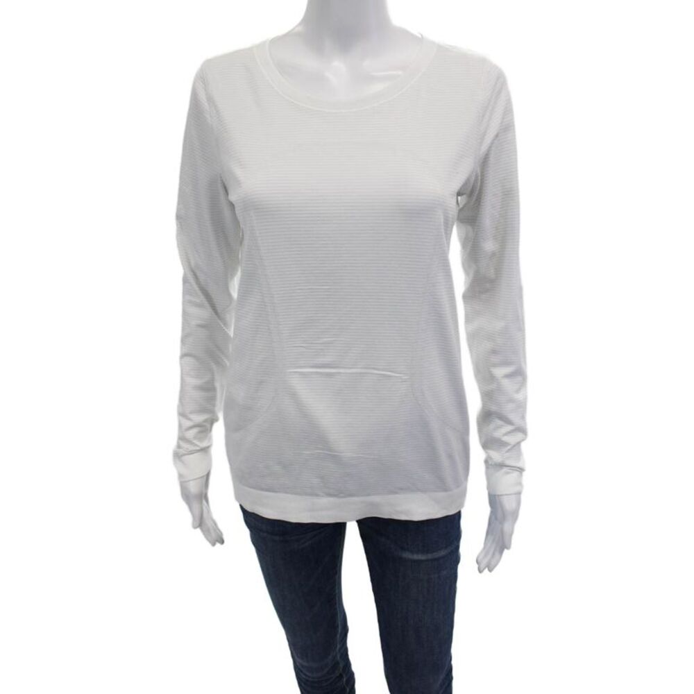 Lululemon Womens Striped Long Sleeves Tee Shirt White Grey Size 6